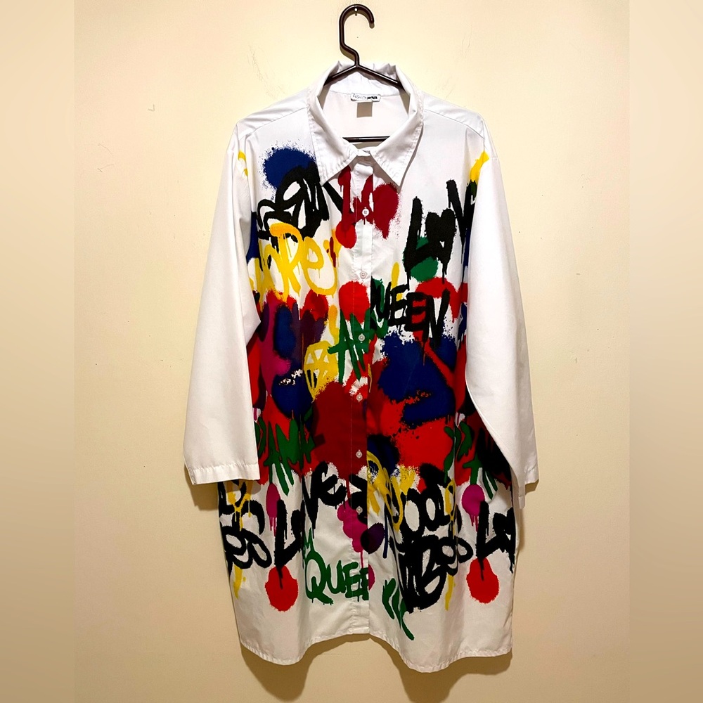 Fashion Nova Colorful Graffiti Queen Long Sleeve Shirt/Mini Dress. Size 3X.
